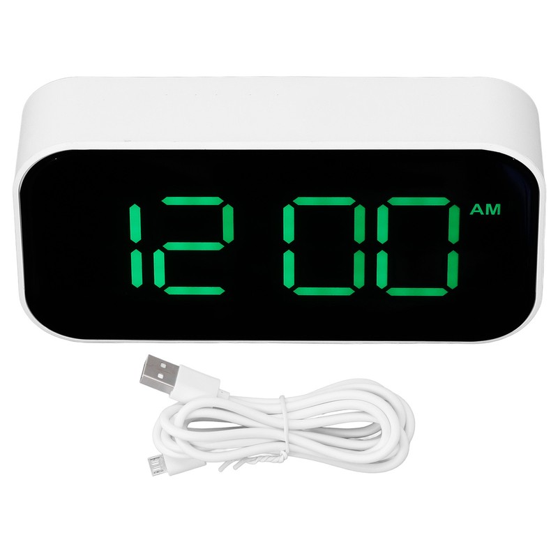 LED Digital Alarm Clock Brightness Adjustable 12/24Hr White Shell Green