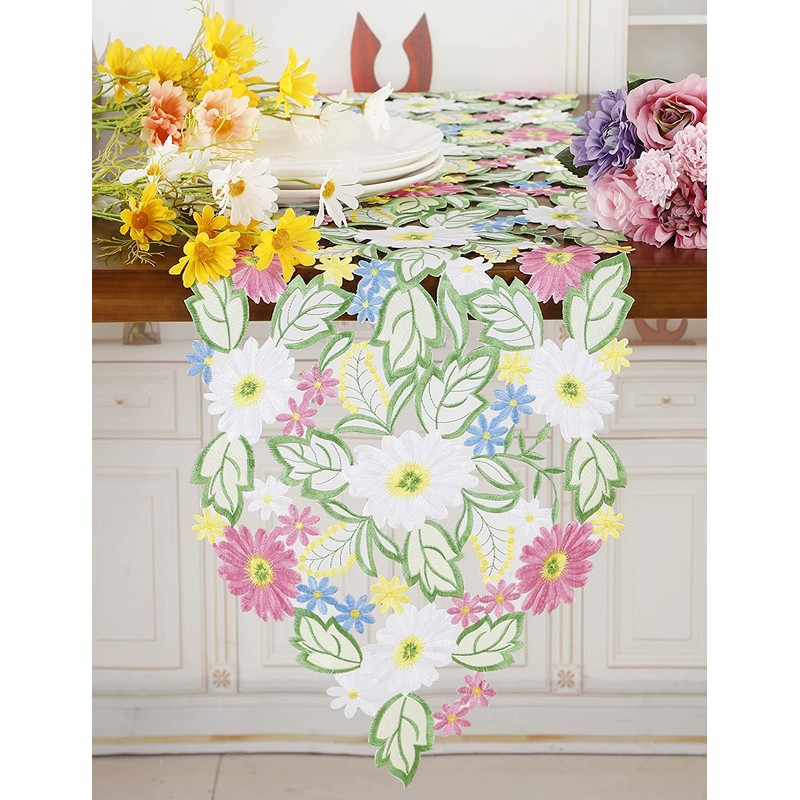 Spring Flower Table Runner Embroidered Flowery Table Placemats Floral Cutwork