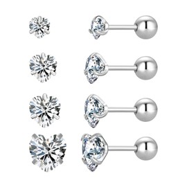 4 Pairs Screw Back Surgical Stainless Steel Stud Earrings Set Gold Plated Silver Round Heart Star Square Princess Cut CZ Cubic Zirconia Stud Earrings for Women (Silver heart)