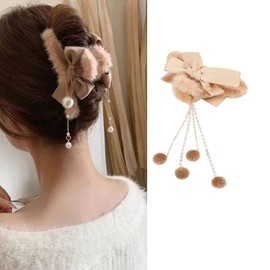 HAPVITAL Hair Ornament, Hair Clip, Office, Simple, Hair Accessory, Hair Clip, Large, Popular, Korean, Adult, Women, Commuting, Hair Accessory (Brown Plush Pearl)