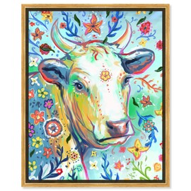 Country Farmhouse Canvas Print Painting Animal Wall Art 'Colorful Hippy Spring Cow' Gold Framed Canvas Rustic Home Décor 24x30 in Blue, Red by Oliver Gal