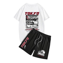 GORGLITTER Men's 2 Piece Car Letter Graphic Outfits Short Sleeve Tees and Drawstring Shorts Cool Casual Track Suits Set Black and White Medium