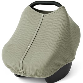 Konssy Car Seat Cover for Baby, Muslin Cotton Button Open Stroller Canopy for Babies Shower Gifts and Registry Search, Breathable Infant Sunshade Cover, Must Have for Unisex Boys and Girls, Fog Green