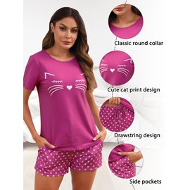 Reliwel Women's Short Shorty Pyjamas, Cotton Summer Two-Piece Sleepwear, Sleepwear, Leisure Suit, Women's Loungewear Sets, Short Sleeve Pyjamas and Shorts, Rose Red-A, S