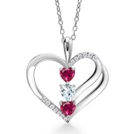 925 Sterling Silver Red Created Ruby and Sky Blue Aquamarine and White Moissanite 3-Stone Pendant Necklace For Women (0.95 Cttw, Gemstone July Birthstone, Heart Shape 4MM, with 18 Inch Silver Chain)