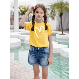 Girls Heart Graphic Print Short Sleeve T Shirts Kids Summer Casual Basic Tee Shirts Loose Fit Tops(Yellow,Xin,140)