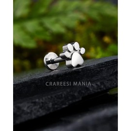 CM Crareesi Mania G23 Titanium Helix Stud Earrings 16G Tragus Lip Stud Cartilage Conch Earrings Flat Back Dog Paw Print Cartilage Piercings Stud Internal Thread Forward Helix Earrings for Women, Cubic