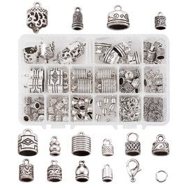 120pcs/box, 14 styles Tibetan Silver Glue in End Caps Pillar End Caps with Jump Rings and Lobster Clasps for Leather Necklaces Bracelets Cord End Caps