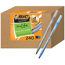 BIC PENS Bulk Pack of 240 Ink Pens, Round Stic Xtra Life Ballpoint, Medium point 1.0 mm, 120 Black & 120 Blue Combo Pack in Bulk