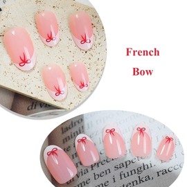 MERVF Medium Press on Nails Round Fake Nails White French Tip Glue on Nails Red Bow Press ons Cute Oval Acrylic False Nails for Women Glossy 24pcs