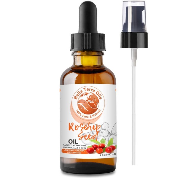 Bella Terra Oils Rosehip Seed Oil. 2oz. 100% Pure. Cold-pressed. Unrefined. Chemical-free. Rich in Vitamin C. Great for Mature Skin. Natural Moisturizer for Hair, Skin, Nails, Stretch Marks