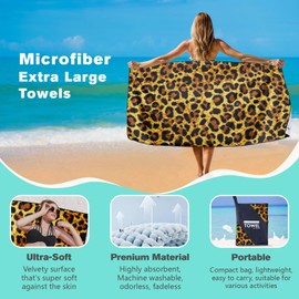XSMEI Leopard Print Beach Towel Oversized 36" x 72", Thin Lightweight Sand Free Quick Dry Microfiber Towel for Swimming Pool Cruise Camping Travel
