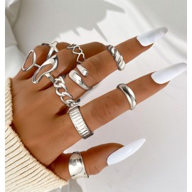 MILACOLATO 10 PCS Chunky Gold Rings for Women Non Tarnish 18K Gold Plated Stackable Rings Adjustable Open Statement Ring Set Silver