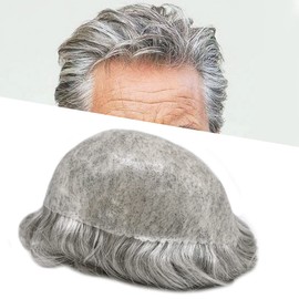 RESHE Men's Toupee Real Human Hair Piece Poly Toupee For Men Human Hair Replacement System Hairpiece For Mens Hair Prosthesis8X10Light Medium Density#1B80#1B Off Black+80% Grey