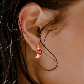 FETTERO Gold Hoop Earrings for Women, 14K Plated Red CZ Heart Hoops Lightweight Chunky Gold Earrings, Hypoallergenic Gold Earrings for Women Statement Jewelry