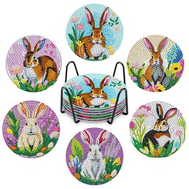 NAIMOER 6Pcs Bunny Diamond Painting Coasters, DIY Life Coasters Flowers Diamond Art Coasters Kits for Adults Kids, Full Drill 5D Diamond Painting Coasters with Holder Cork Pad for Home