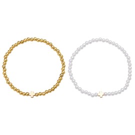 Pearl Cross Bracelet Set for Women Girls Pearl Stackable Bracelets for Women Girls Layered Cross Pearl Bracelet for Women Girls Wedding Bracelets for Brides Bridesmaids Cross Bead Bracelet for Women