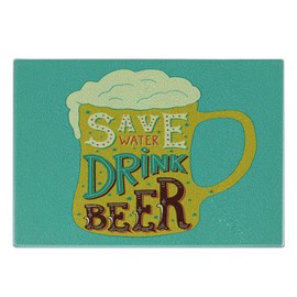 Ambesonne Retro Cutting Board, Save Water Drink Beer Quotes on Foamy Glasses Sixties Style Fun Party Drinks Alcohol, Decorative Tempered Glass Cutting and Serving Board, Small Size, Multicolor