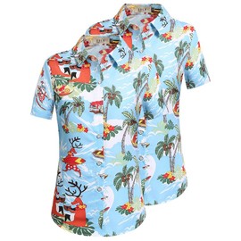 SSLR Womens Button Down Shirts Santa Claus Short Sleeve Blouse Hawaiian Christmas Shirts for Women (Large, Blue and Blue)
