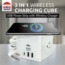 WBM Power Strip with Wireless Charger, Surge Protection Extension Cord with 2 AC Outlets, 2 USB Ports & 1 C Type, 5.9 ft Long, 5W Wireless Charging Cube