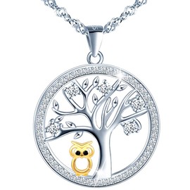 MŚ 1997 MENNICA ŚWIDNICKA Women's Owl Tree of Life Necklace 925 Silver – Austrian Zircons – Unique Gifts for Women with Attractive Design Gift, Sterling Silver, Cubic Zirconia