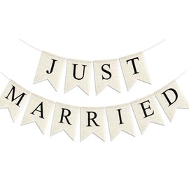 Banner de Arpillera Vintage «Just Married», Banner Rústico «Just Married» Blanco Crema con Letras Negras, Decoración Preensamblada para Coche de Boda de Compromiso, Banderines de Boda Decoración de