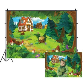 Renaiss 8x6ft Cartoon Forest Backdrop Fairytale Green Forest Village Wood Hut Mushroom Flowers Wonderland Photography Background for Baby Shower Kids Birthday Party Decor Photo Studio Props