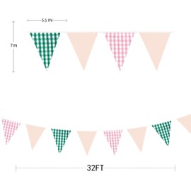 32Ft Pink Green Plaid Checkered Fabric Bunting Banner Camp Bride Party Decorations Green Pink Gingham Triangle Flag Pennant Garland for Camping Wedding Glamping Birthday Baby Shower Garden Decor