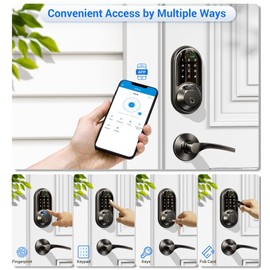 Veise RZ07B Smart Locks for Front Door, 2 Lever Handles, Fingerprint Keyless Entry, App Control Biometric Door Lock Set, Touchscreen Keypad Deadbolt, Easy Install, Auto Locking, Matte Black