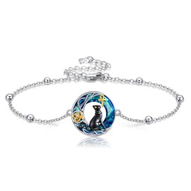 HUKKUN Schwarzes Katzenarmband Sterlingsilber Ägyptisches Bastet Katzenarmband Ägyptischer Katzengöttin Schmuck Schwarze Katze Geschenke für Frauen