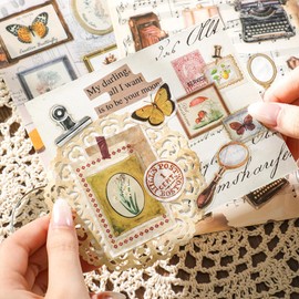 Vintage Postage Stamp Scrapbook Stickers Set 8 Sheets Vintage Items Letter Clear Waterproof PET Stickers Aesthetic Stickers Vinyl Stickers for Water Bottle Laptop Journaling DIY Crafts Collage Album