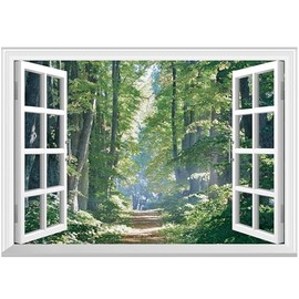 FLFK Fake Window Wall Decal - Road in The Forest Faux Window Wall Mural for Wall Decor, Peel and Stick Wall Sticker,24"x16"