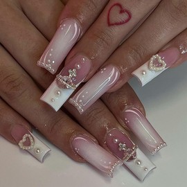 French Tip Press On Nails Long - 24Pcs Pink-White GradientSquare False Nails - 3DShiny Fake Nails with Love Pearl And Rhinestones Designs - Full Cover French Glue on nails for Women