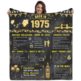 50th Birthday Gifts for Women Men, 60×50 Inch 50th Wedding Anniversary Golden Soft Flannel Blanket, Back in 1975 Birthday Gifts Ideas for Husband Dad Mom Parents Grandparents (Black Glod-1975)