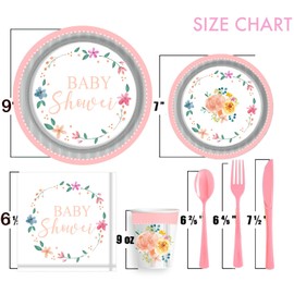 Floral Pink Baby Shower Paper Plate, Baby Shower Plates Cups and Napkins for 25 Guests, Baby Girl Birthday Party Supplies Decorations, Girl’s Baby Shower Party Dinner Dessert Appetizer Tableware Set