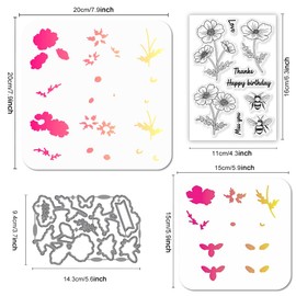 GLOBLELAND Kosmos Bee Stamp and Cutting Dies Set for Card Making Flowers Insects Stamps and Stencils Layered Embossing Stencil for DIY Scrapbooking Crafts Album Accessories