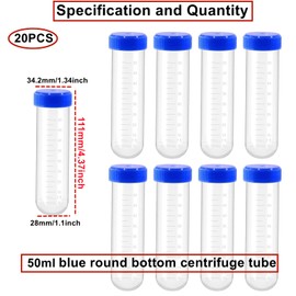 HUAZIZ Pack of 20 50 ml Test Tube, Plastic Centrifuge Tube, Blue Lid for Screw Cap, Graduated Sample Container, Sample Tube for Laboratory, Chemistry, Experiments