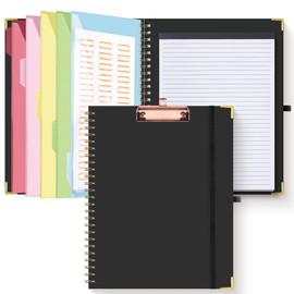 HAUTOCO Clipboard A4 Folder with Refillable Lined Notepad, Clipboards with 5 A4 Folders Storage 10 Pockets, A4 Clipboard with Lid, Spiral Clip Board for School, Office, Black
