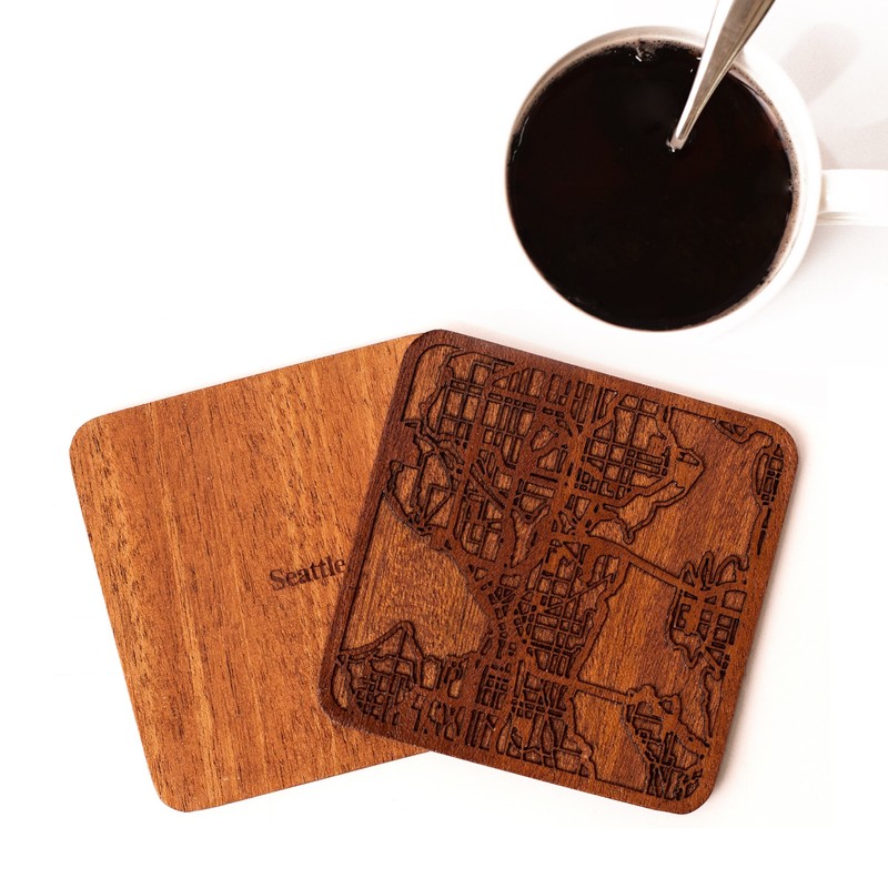 Seattle Map Coaster, Set of 4, Sapele Wooden Coaster with