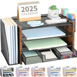 OPNICE Desk Organizers and Accessories, Desk Accessories & Workspace Organizers for Office Supplies, File Organizer Desk Drawer Organizer with 2 Pen Holders, 4 Tier Paper Organizer for Desk(Wood)