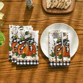 Horaldaily Fall Cloth Napkins 18 x 18 Inch, Thanksgiving Autumn Harvest Buffalo Plaid Pumpkin Party Dinner Decoration Washable Napkins Set of 12