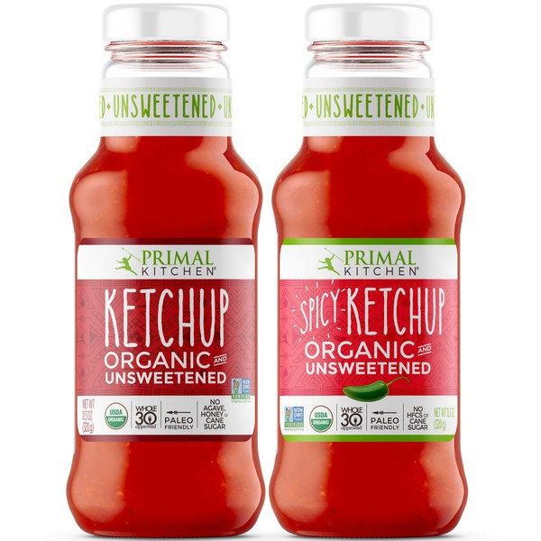 Primal Kitchen Organic and Unsweetened Ketchup Variety Two Pack, Whole 30 Approved, Includes 1 Original & 1 Spicy Ketchup
