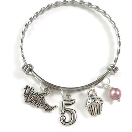 5th BIRTHDAY BRACELET, 5th Birthday Charm Bracelet, 5 Year Old Daughter Birthday Gift Idea, Fifth Birthday Gift, 5 Year Old Birthday Bangle