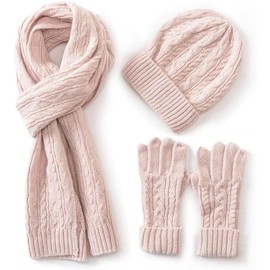 3 in 1 Womens  Hat Gloves & Scarf Winter Set, 3 count  Knitted Beanie Hat for Women with Gift Box - Color: Pink