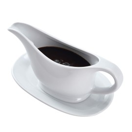 Bruntmor 11 Oz White Ceramic Gravy Boat With Tray, 11 Ounce Small Ceramic Serving Dish, Dispenser with Tray For Sauces, Gravy Boats With Saucer For Dinner