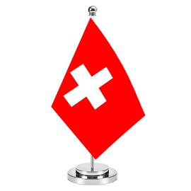 Switzerland Miniature Desk Flag Set,8x5 Inch Swiss Small Flag With 12 Inch Bright Silver Flagpole, Deluxe Decorations For House Office Meeting Table