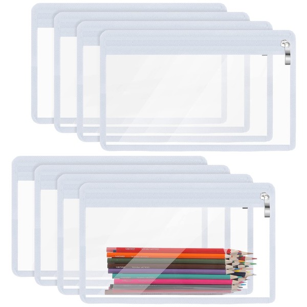8 Pieces Clear Zipper Pouches Pencil Pouches PVC Makeup Pouch Envelopes Folder Storage Multi Purpose Pouch Document File Organization Bags, Office Supplies (White Edging, 11.5 x 7 Inches)