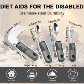 Kongming Parkinson Cutlery Stainless Steel with Attachment Strap, 4-Piece Adjustable Adaptive Cutlery Set, Handle Thickening, Easy Grip Cutlery Set for Hand Tremors, Arthritis, Parkinson's and Seniors