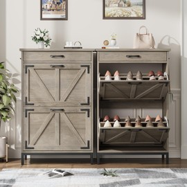 Jocoevol Shoe Storage Cabinet for Entryway - Narrow Shoe Organizer Cabinet with 2 Flip Drawers, Grey Farmhouse Hidden Shoes Storage