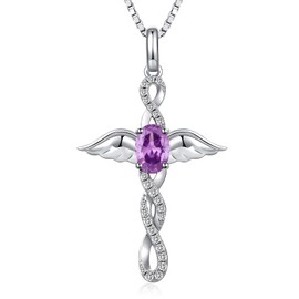 JiaYang Silver Angel Wings Cross Pendant Purple Infinity Cross Necklace for Women AAAAA Cubic Zirconia Infinity Cross Necklace Religious Cross Jewellery Christian, Sterling Silver, Cubic Zirconia